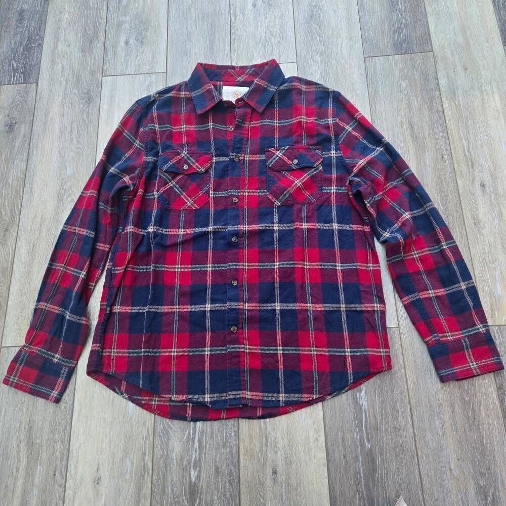 Cloudveil Mountainworks Men's Large plaid  flannel shirt button down reds blue